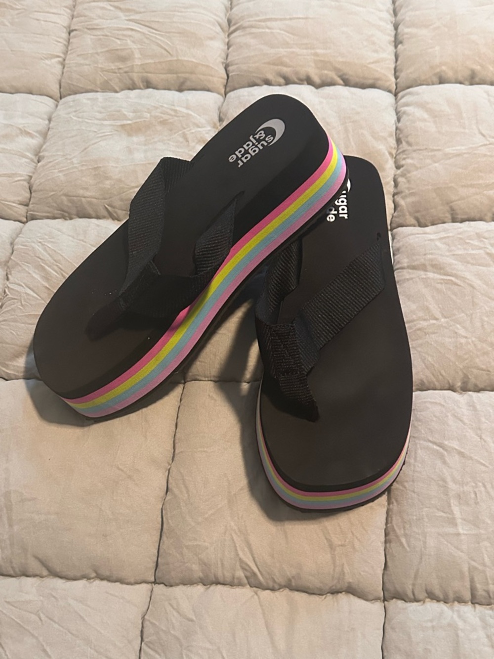 Sugar & Jade Black Platform Flip Flops with Rainbow Trim